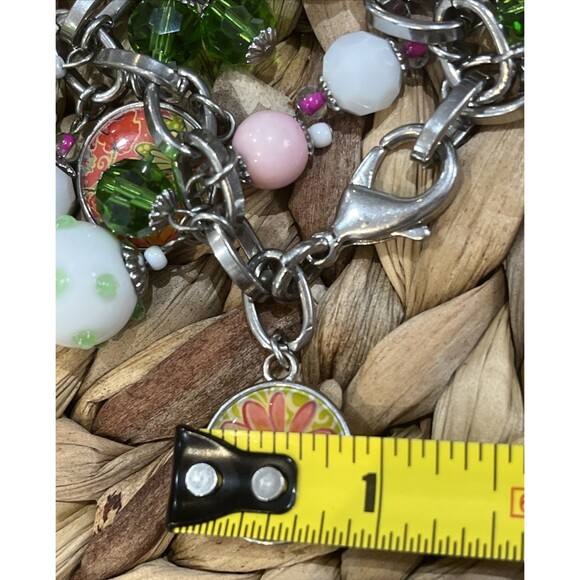 VTG Y2K Charm Cha Cha Bracelet Lampwork Glass & Floral Beads Silver Tone 7-8.25 - Picture 9 of 9